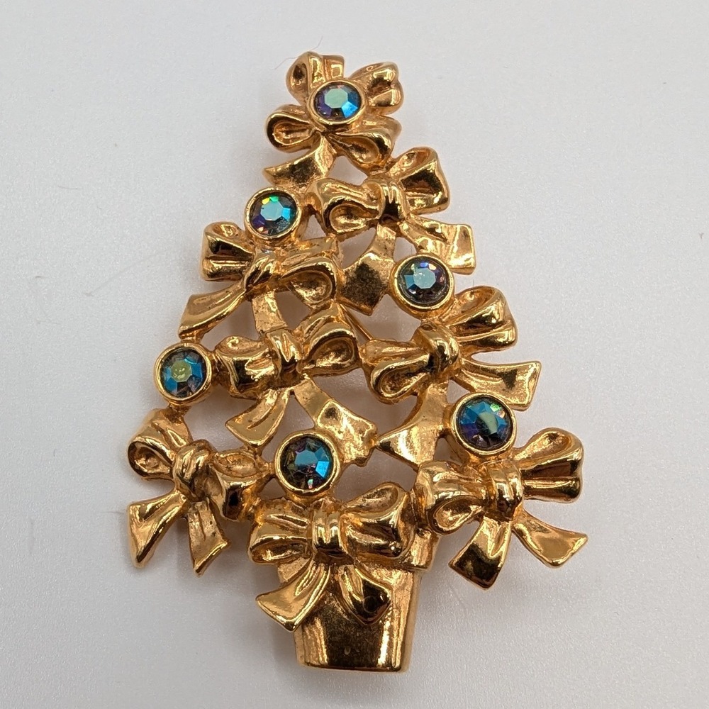 Vintage Gerrys Gold Tone Bow Christmas Tree Brooch Aurora Borealis Rhinestones